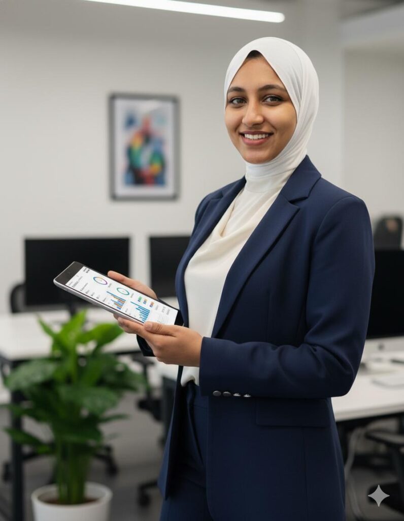 A girl standing in office holding tab